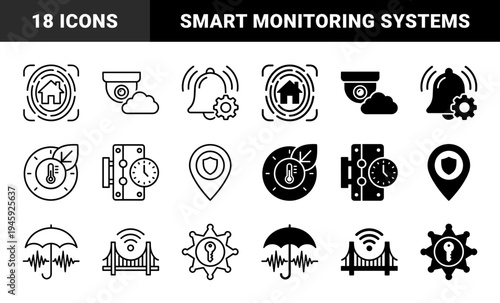 Hybrid smart home security and environmental monitoring icons merging house protection fingerprint camera cloud bell gear and bridge wifi symbols