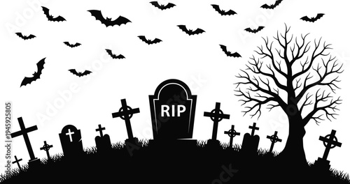 Spooky graveyard silhouette, eerie cemetery illustration, RIP tombstone art, haunted tree with bats, gothic horror background, Halloween creepy scene design