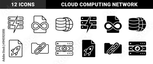 Data infrastructure and cloud computing hybrid icons featuring server racks with lightning bolts and eyes, database globes, and rocket file symbols