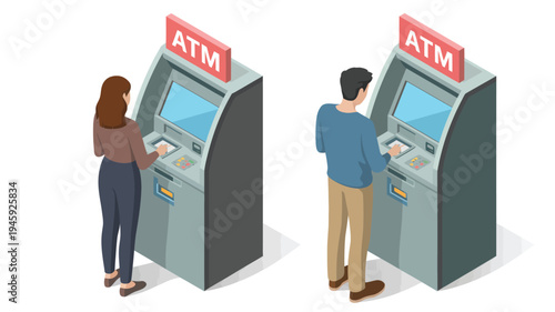 ATM Machine Usage by Woman and Man, Isometric Vector Illustration