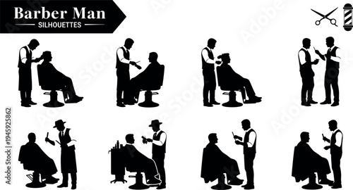 Barber man silhouettes set, professional hairstylist cutting hair for male clients in salon chair, grooming and barbering services vector 