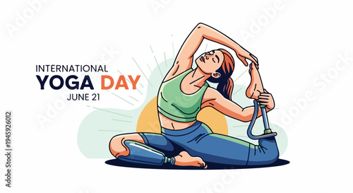 Dynamic yoga woman illustration in a complex pose, demonstrating balance and strength. Artwork portrays healthy lifestyle and spiritual well being, perfect for International Yoga Day.