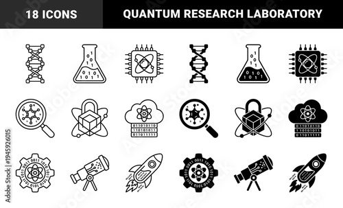 Scientific Data Analysis and Research Technology Symbols Featuring Hybrid DNA Strands Laboratory Flasks with Binary Code and Quantum Processor Chips