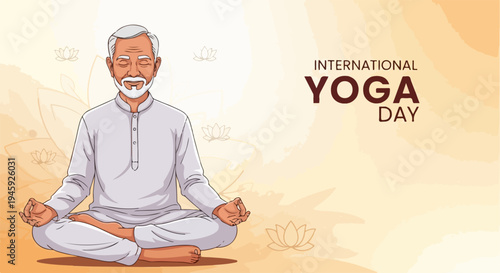 Older man meditating, illustration for International Yoga Day. Senior person lotus pose, serene mind, celebrating International Yoga Day. Concept spiritual awareness, International Yoga Day promotion.