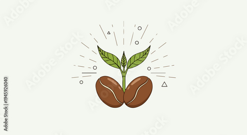 Minimalist coffee plant illustration showing two brown beans with green leaves. Coffee plant symbol represents growth, nature, and organic farming.
