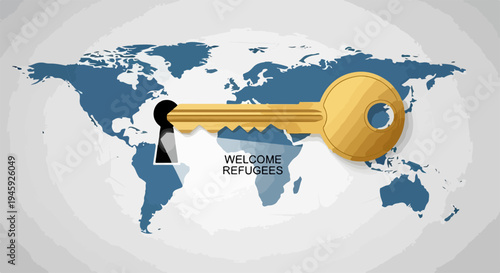 World map graphic presenting refugee solution with keyhole and golden key. Global migration and refugee solution represented by welcome refugees text. Concept refugee solution for international aid.