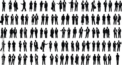Business professional silhouettes, corporate workforce poses, teamwork figures, confident executives, leadership icons, office attire graphics, collaboration 