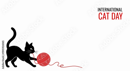 Black cat silhouette playing red yarn, charming design for International Cat Day. Playful feline illustration captures spirit of International Cat Day. Element for pet campaigns, social media,
