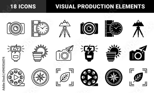 Hybrid photography and cinematography icons merging cameras with clock faces film strips mountain peaks and compass needles for creative visual media