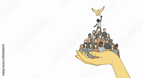 Hand holding diverse people pyramid, representing people unity. Person releases peace dove, symbolizing hope and aspiration for people unity. Concept people unity for social justice campaigns.