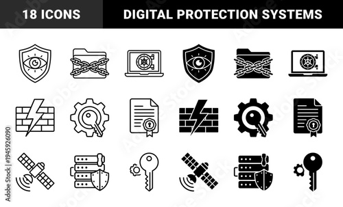 Cybersecurity Icon Set Featuring Hybrid Concepts Like Shield Eye Surveillance Firewalled Lightning Bolt Data Vault Laptop and Chained Folders