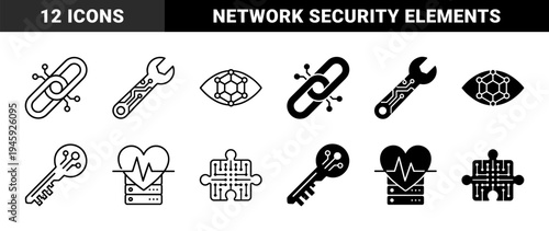 Abstract Hybrid Technology Symbols Merging Hardware Components with Network Links Maintenance Tools Data Monitoring and Cryptographic Security Elements