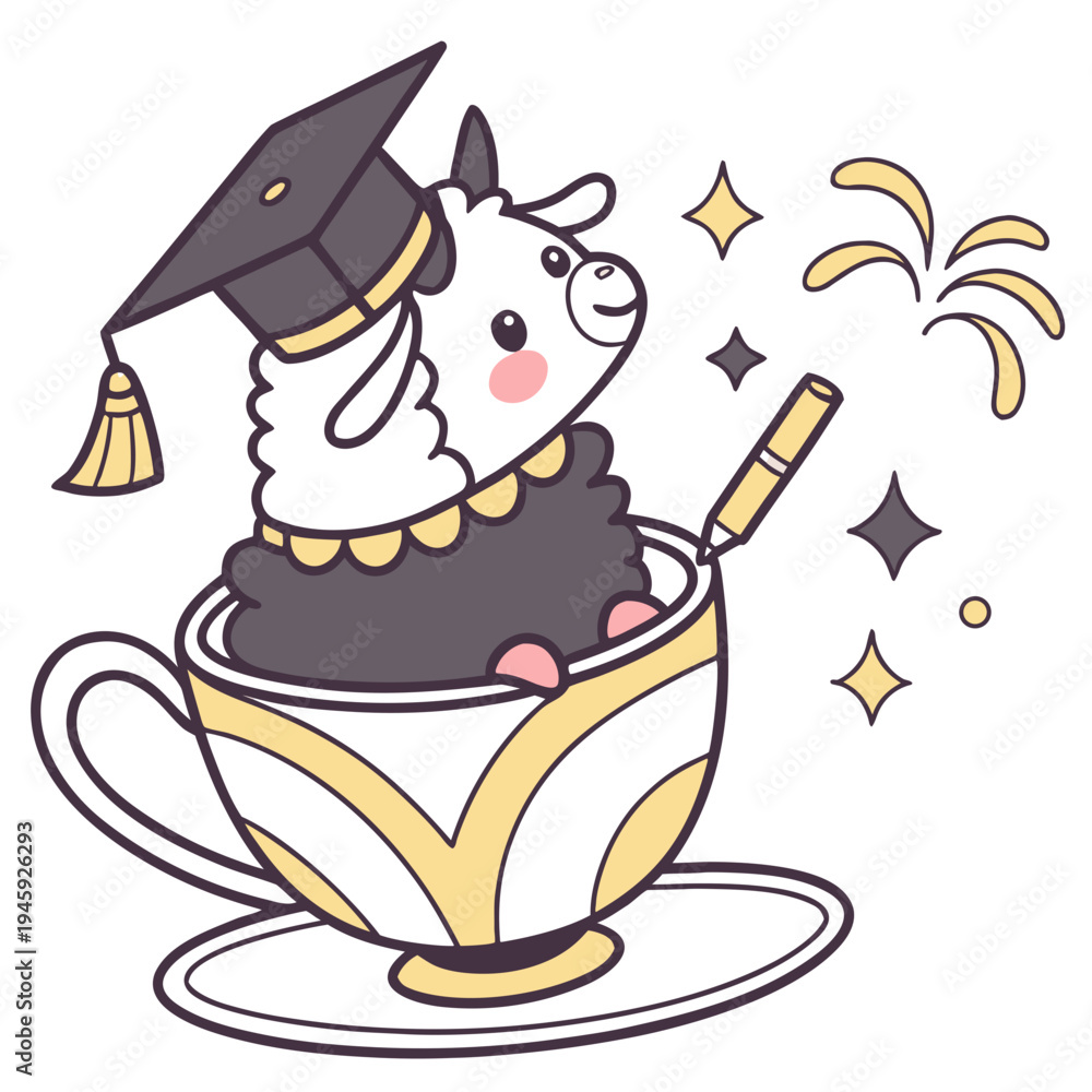 Obraz premium Class of [Year] Success themed SVG: Dreamy Alpaca with sitting in a teacup ride in a Graduation environment