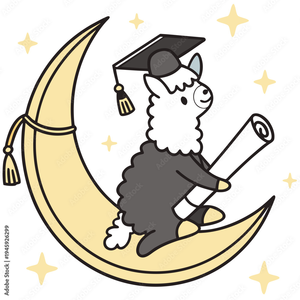 Fototapeta premium Delightful Funny Alpaca in a Graduation scene with sitting on a moon – Class of [Year] Success vector illustration