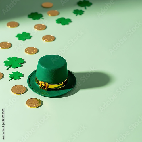 St patricks day green hat with gold buckle and coins leaves