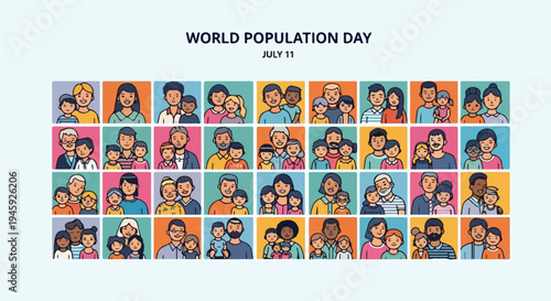 World Population Day illustration showing diverse families, individuals, global community, multicultural demographics. World Population Day emphasizes population issues, sustainable development,
