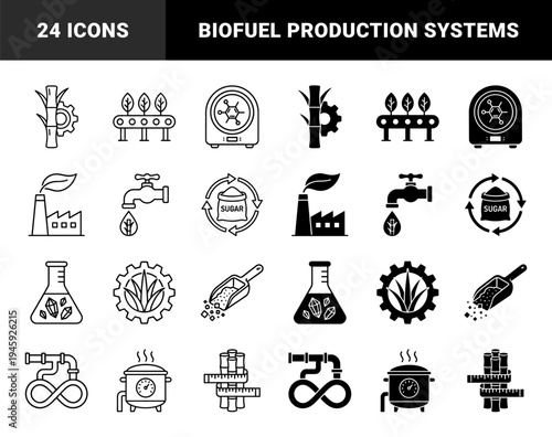 Sugar cane processing and bioethanol production hybrid icons featuring industrial gears factory chimneys laboratory flasks and organic stalks