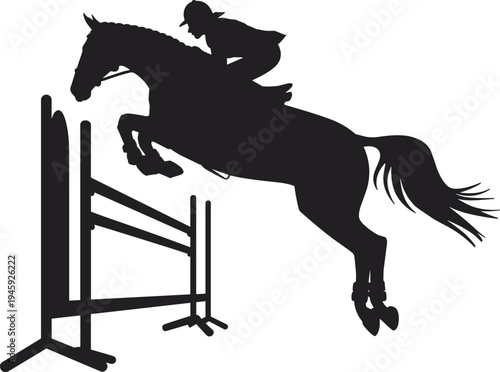 Equestrian show jumping silhouette, horse and rider jumping obstacle, competitive equestrian sport vector, horse jumping illustration design