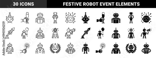 Hybrid robot celebration and party anniversary icons featuring android characters with birthday hats cakes champagne and disco balls in outline and solid styles