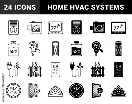 Smart HVAC and Home Climate Control System Icons Featuring Hybrid Energy Efficient Heating Cooling and Air Filtration Symbols in Dual Stroke Solid Style