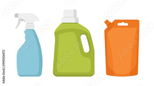 Colorful cleaning supplies on white background.