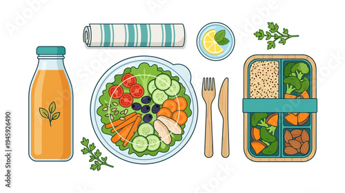 Healthy food and drink for lunch.