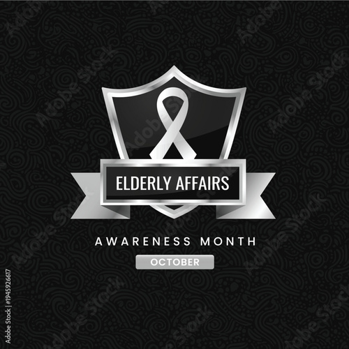 Premium silver awareness ribbon in shield design for Elderly Affairs Awareness Month in October, on dark patterned background, honoring seniors and raising awareness for elder issues and care.