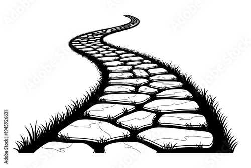 Winding stone path through grass