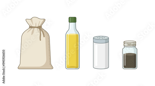 A bag and bottles of food ingredients.