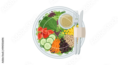A colorful illustration of a healthy salad bowl with fresh vegetables and utensils.