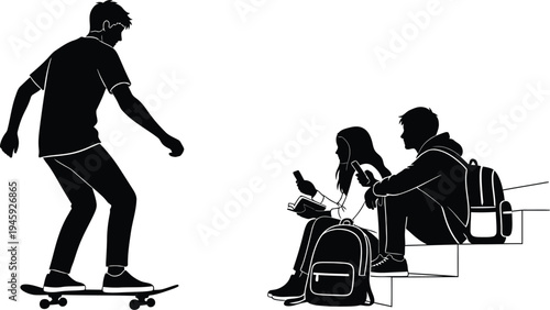 Teenagers lifestyle silhouette with skateboarder and students using smartphones, youth urban culture, modern technology social life vector illustration