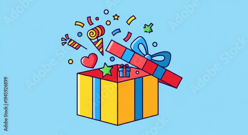 Colorful gift box with presents and festive confetti exploding out symbolizing celebration and surprise