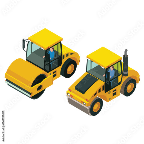 Heavy Equipment Yellow Road Roller and Tractor Isometric Illustration Isolated on White