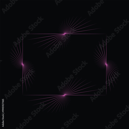 Abstract frame with radial starburst lines in purple emanating from corners on black background