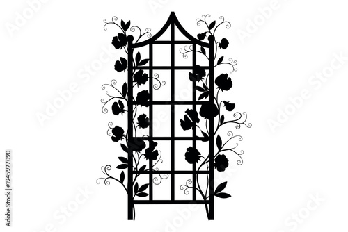 Black metal garden trellis with leafy vine design