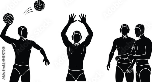 Water polo player silhouettes set with athletes throwing ball, defending goal, team sport action poses vector illustration