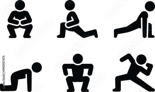  black silhouette icons illustrating different fitness exercises and yoga poses for active lifestyle and health concepts.