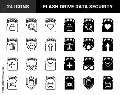 Hybrid memory card icon set merging storage hardware with data management symbols like lock search heart trash gear arrow plus infinity wifi camera shield and database