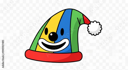 Colorful cartoon jester hat with smiling face and pom pom on transparent background