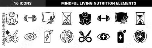 Hybrid Wellness and Holistic Health Icon Set Featuring Minimalist Linear and Solid Designs for Fitness Mindfulness Nutrition and Vitality