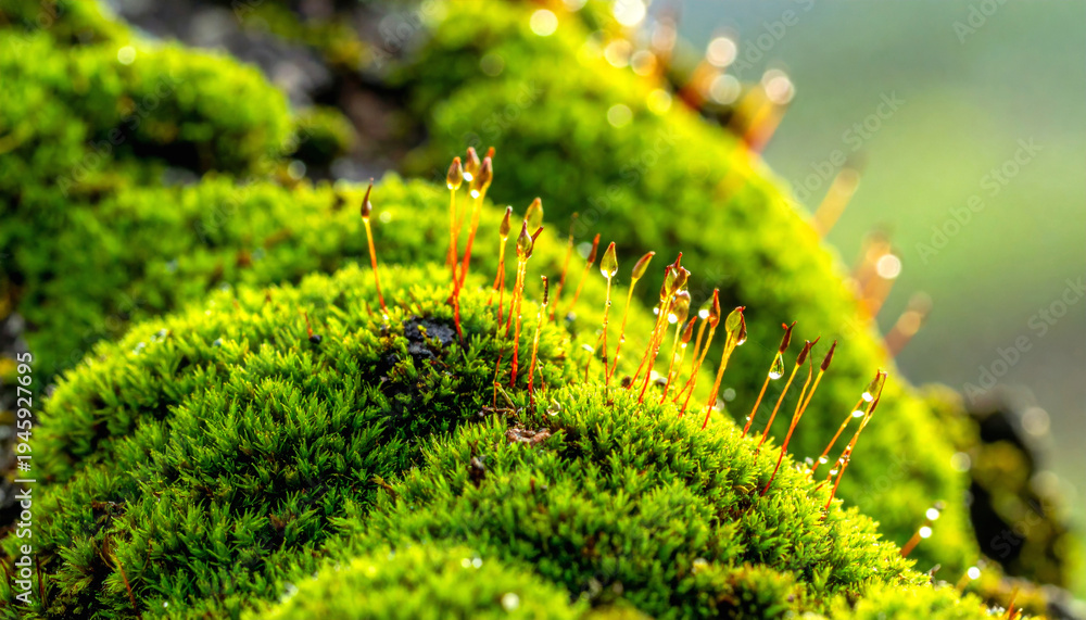 Fototapeta premium Vibrant green moss covered in glistening morning dew, with delicate sporophytes reaching skyward, illuminated by soft natural light in a pristine forest environment.