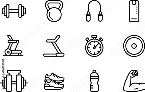 Clean black line art icons for sports and fitness activities: dumbbells,  jump rope, treadmill, stopwatch, shoes, water bottle, and muscle.