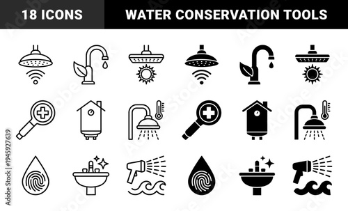 Smart Home Water Management and Eco Friendly Plumbing Icons featuring Hybrid Solar Shower Heads Fingerprint Drop Sensors and Efficient Faucet Designs