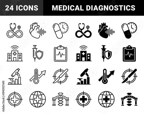 Medical and healthcare hybrid icons combining clinical symbols with diagnostic data such as heart rhythm stethoscope infinity and surgical target