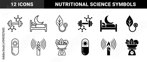 Biotechnology and Wellness Hybrid Icons Featuring DNA Helix Fruit Combinations Weightlifting Molecules and Nutritious Vegetable Scale Measurements