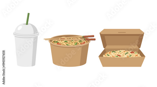 Takeout food and drink containers.