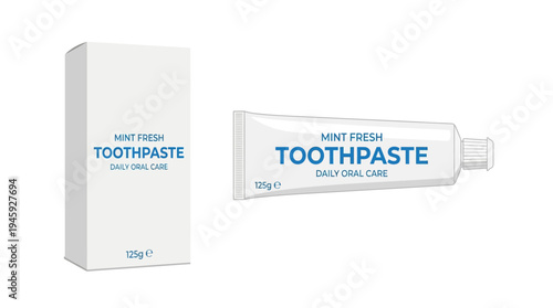 Toothpaste product packaging and tube displayed.