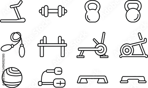Line Art Fitness Icons - A Collection of Workout Equipment and Exercise Symbols in a Simple Outline Style for Health and Sport Themes