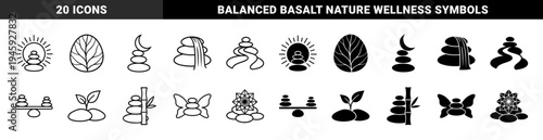Zen basalt stone balance symbols merged with organic leaf sun moon and bamboo elements for wellness and holistic spa branding design