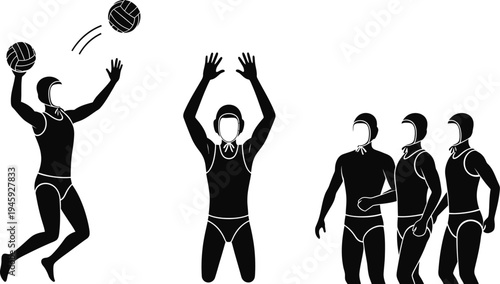 Water polo players silhouette set with athletes jumping, blocking and passing ball in aquatic team sport vector illustration